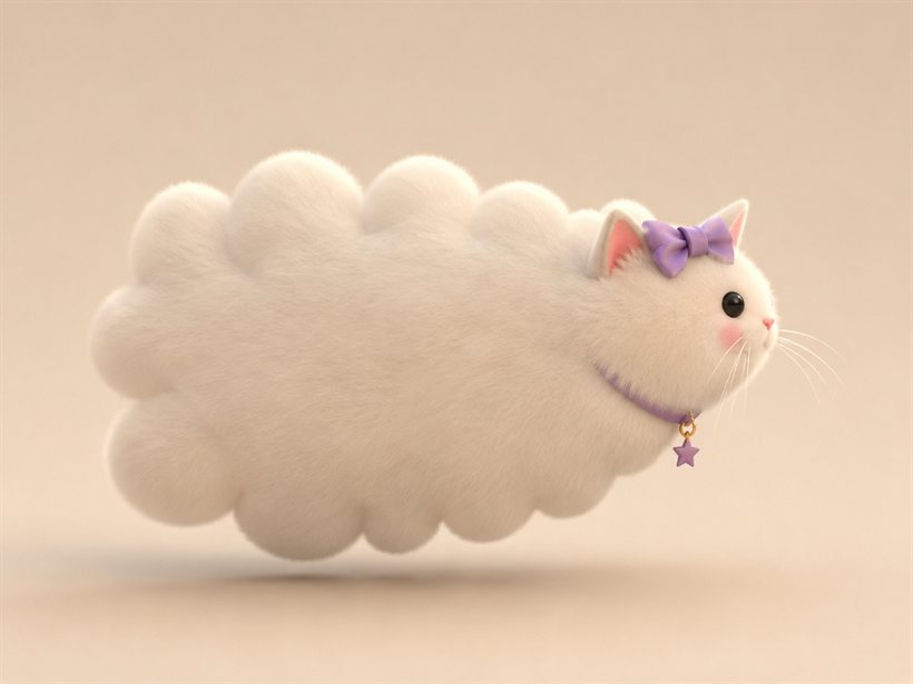 Dream Floof, a fluffy white cloud cat with a purple bow
