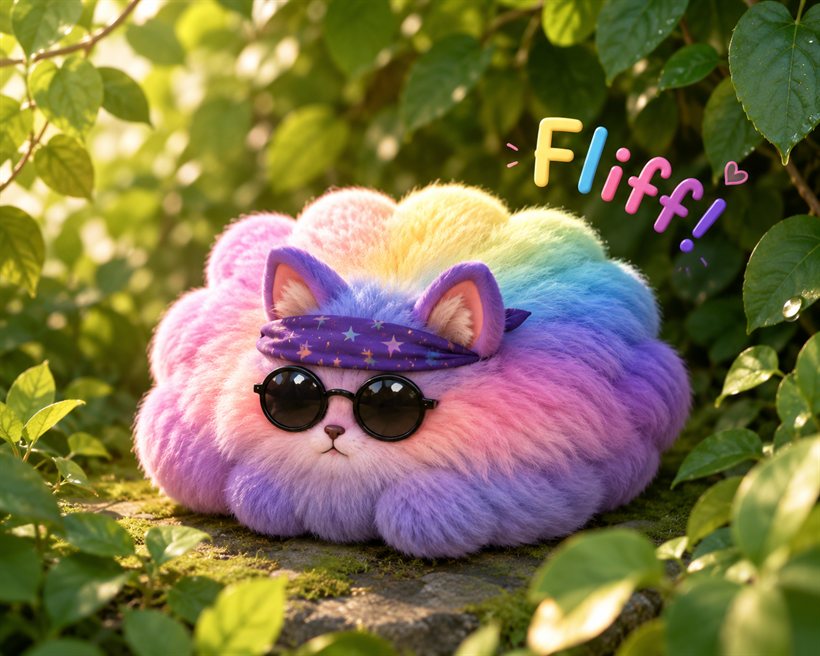 Fliff, a rainbow fluffy cat wearing sunglasses and a starry bandana