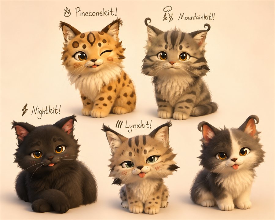 Pineconekit, Mountainkit, Nightkit and Lynxkit — a clan of kittens