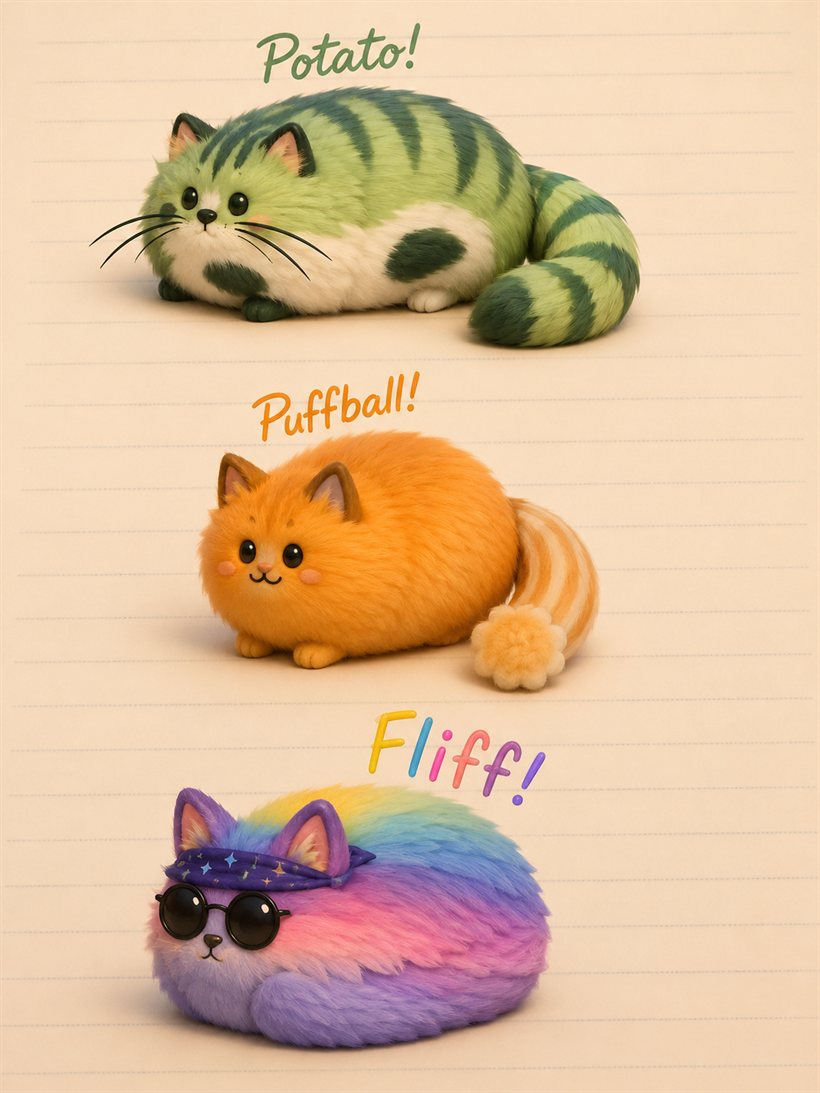 Potato, Puffball and Fliff — three fluffy cat characters