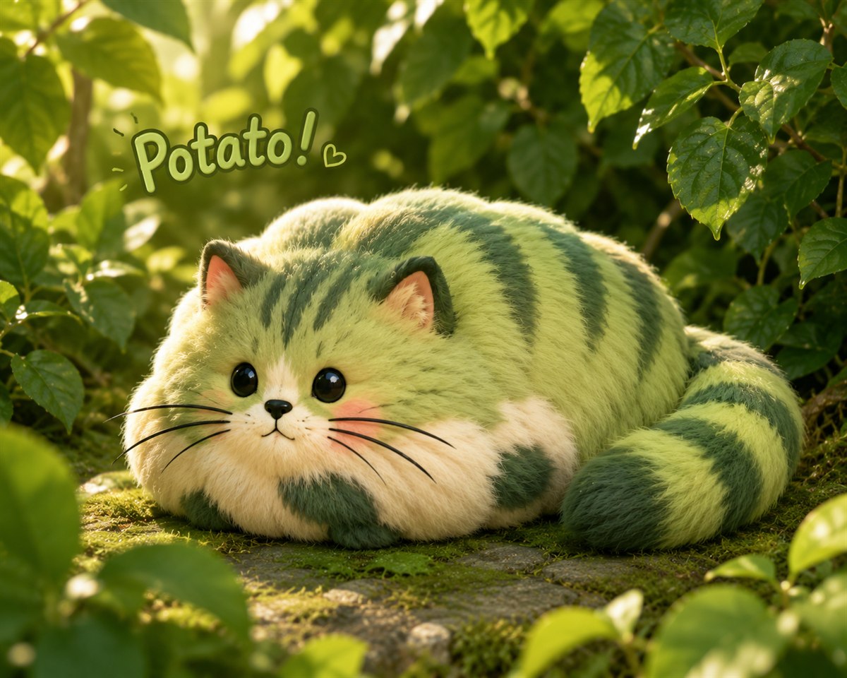 Potato, Lyanna's chubby watermelon-striped cat, resting among green leaves