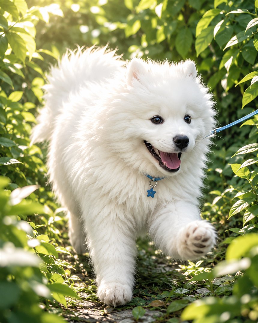 Vovka, Lyanna's fluffy white Samoyed puppy, walking happily through the garden leaves with a blue leash and a little blue star tag